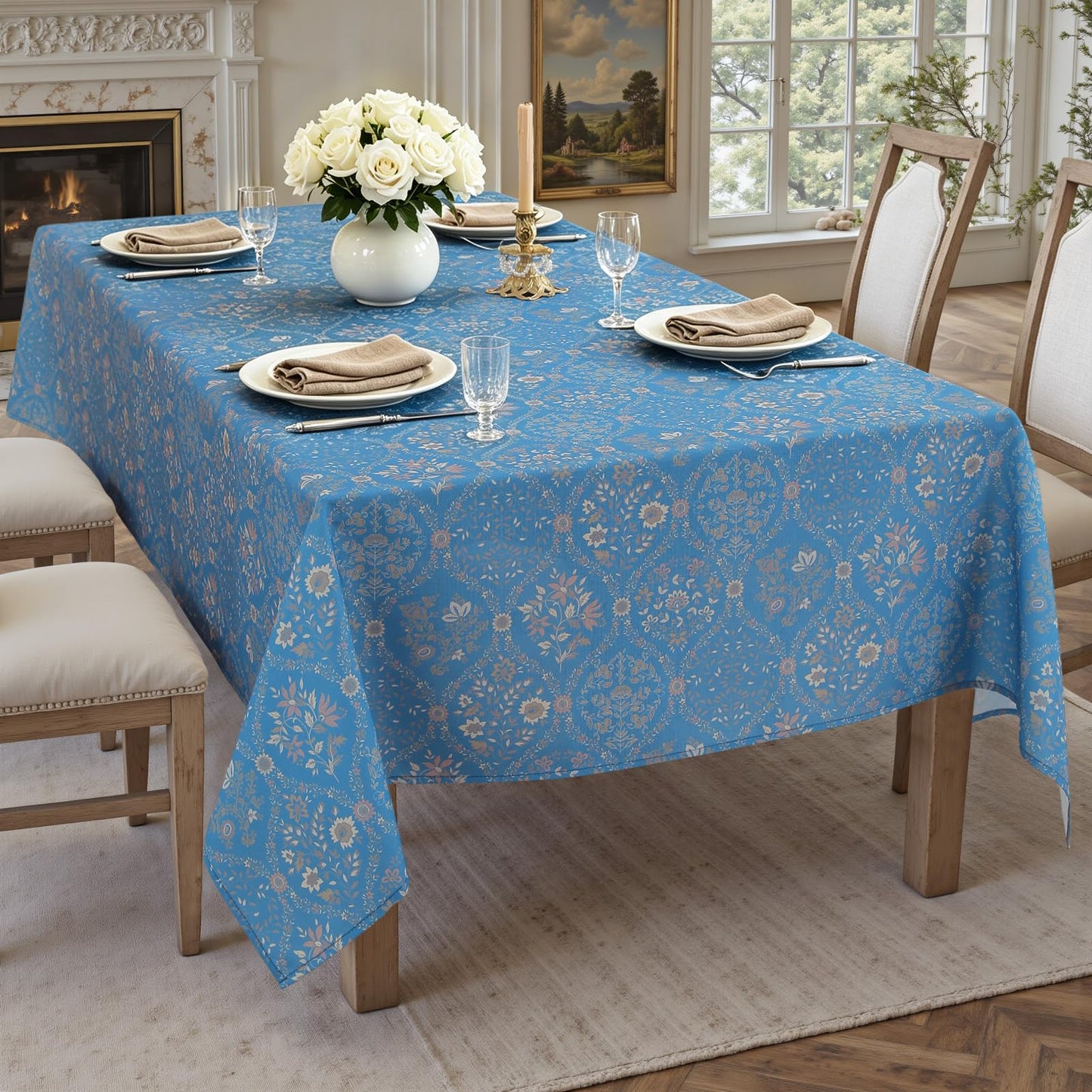 Honellaty Blue French Vintage Floral Rectangle Tablecloth, 60 x 102 Inch