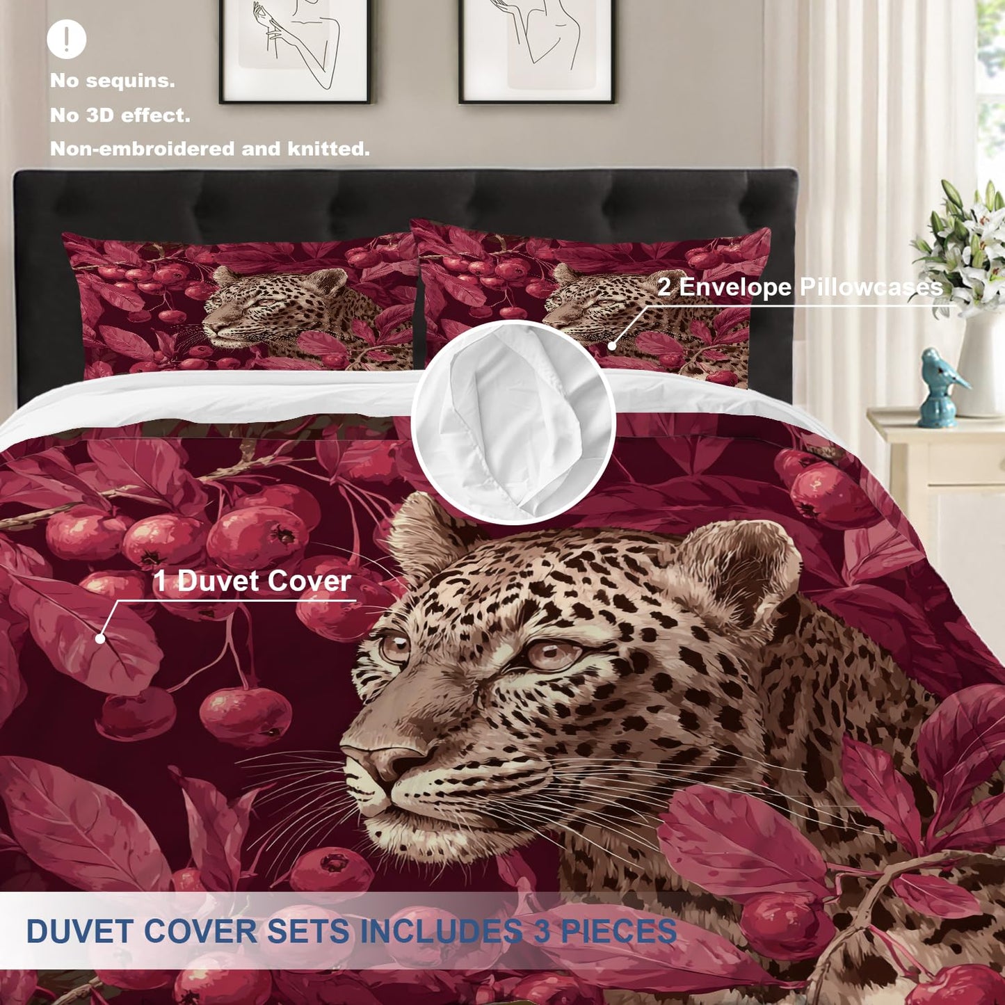 Batmerry Cute Leopard King Size 100% Cotton Duvet Cover Sets, in Red Berries Bedding Set with Zipper Closure Corner Ties, 3 Pieces (1 Cover + 2 Pillowcases No Comforter)