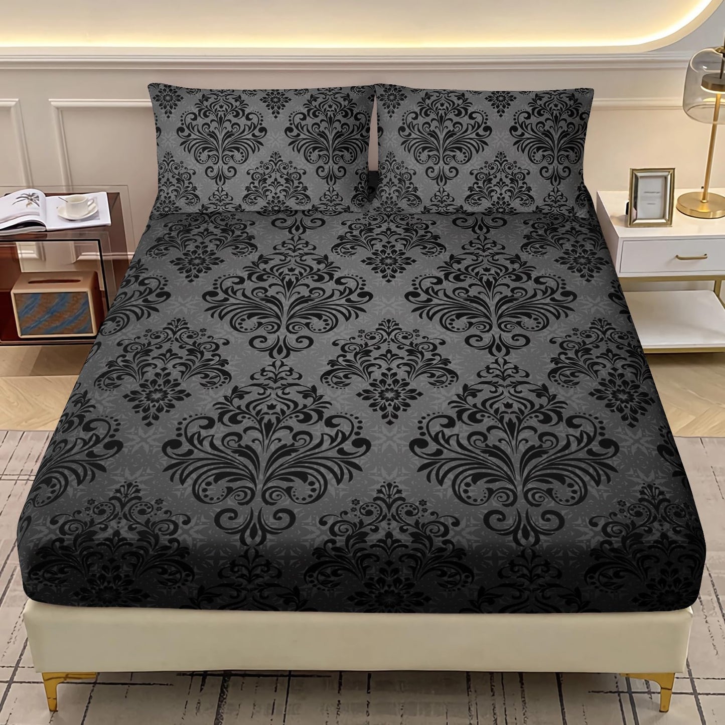 AILONEN Floral Fitted Sheet Set Queen Size, Bohemian Floral Fitted Sheet & 2 Pillowcases,Gothic Black Bedroom Decor Bedding Set 3Pcs for Kids Teens Adults