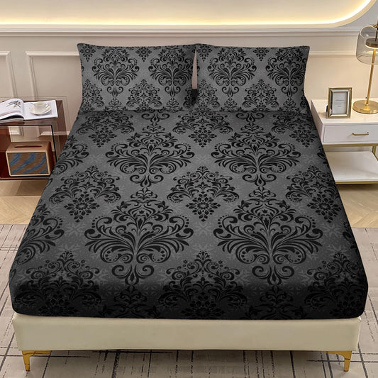AILONEN Floral Fitted Sheet Set Queen Size, Bohemian Floral Fitted Sheet & 2 Pillowcases,Gothic Black Bedroom Decor Bedding Set 3Pcs for Kids Teens Adults