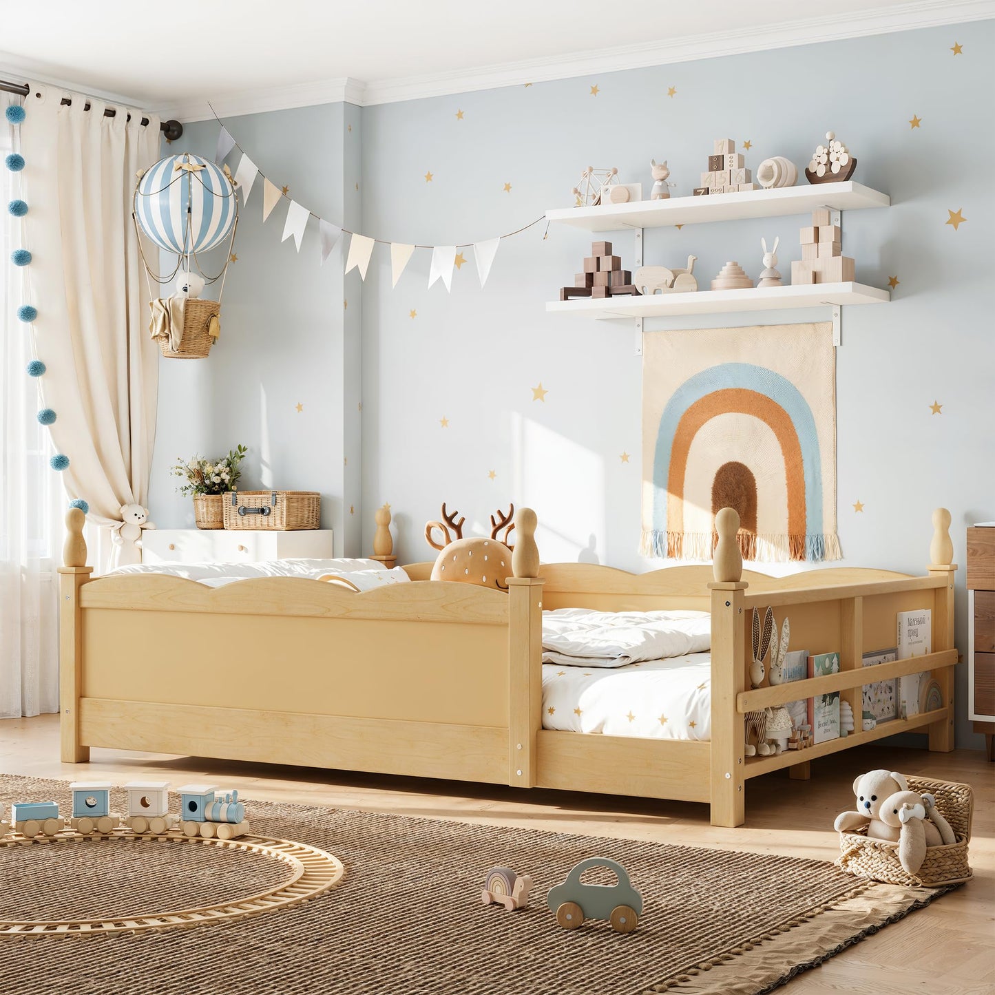 KEIKI Full Size Wood Montessori Floor Bed Frame with Beside Book Shelf, for Girls and Boys, Floor Bed with Full-Length Guardrails & Slats, Easy Assembly, No Box Spring Required, for Bedroom, Natural