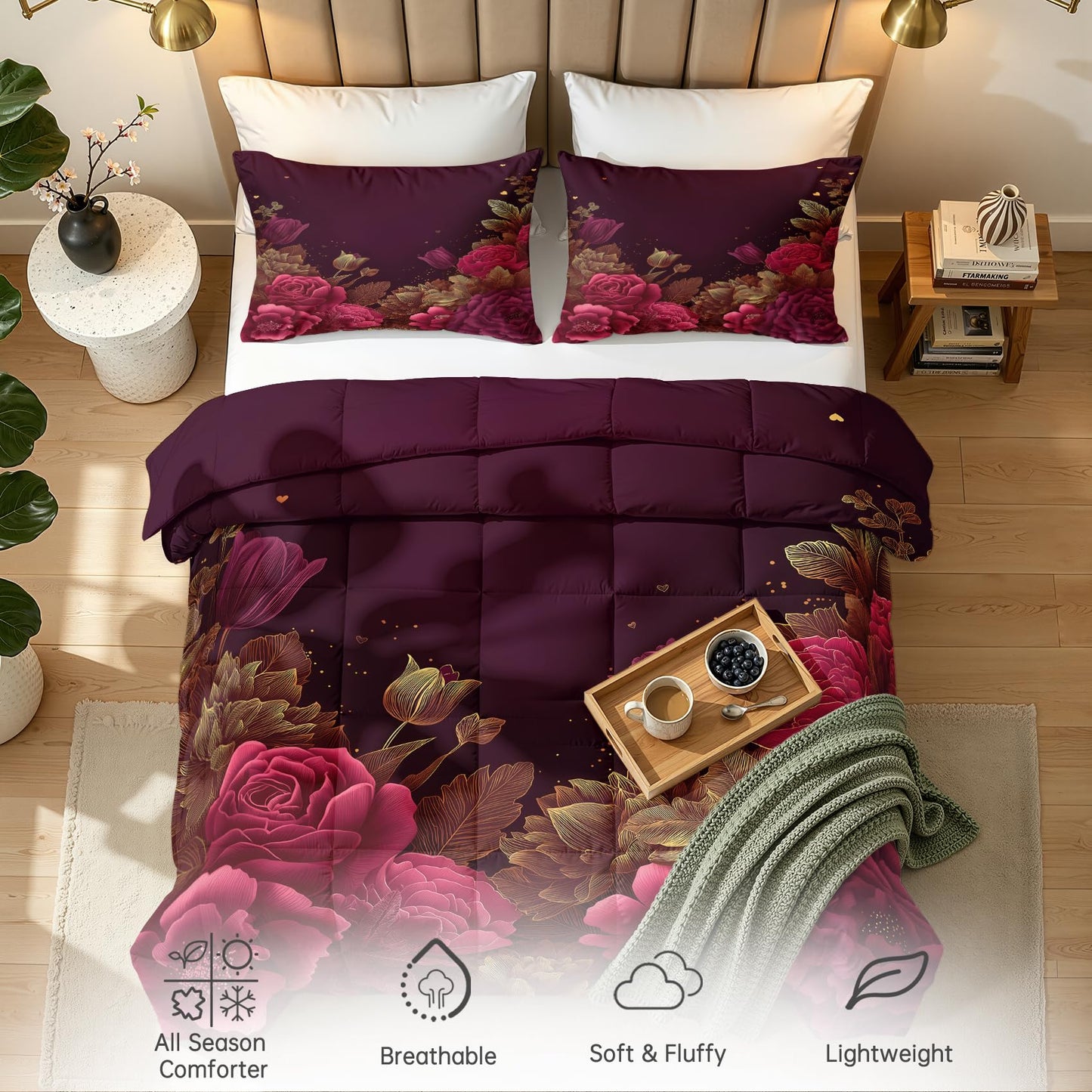 Valentines Day Comforter Set Twin Size 2 Pcs - All Season Duvet Insert & Pillowcase, Red and Gold Floral Bedding Set, Soft Lightweight Down Alternative Comforter, Girls Burgundy Bedroom Decor
