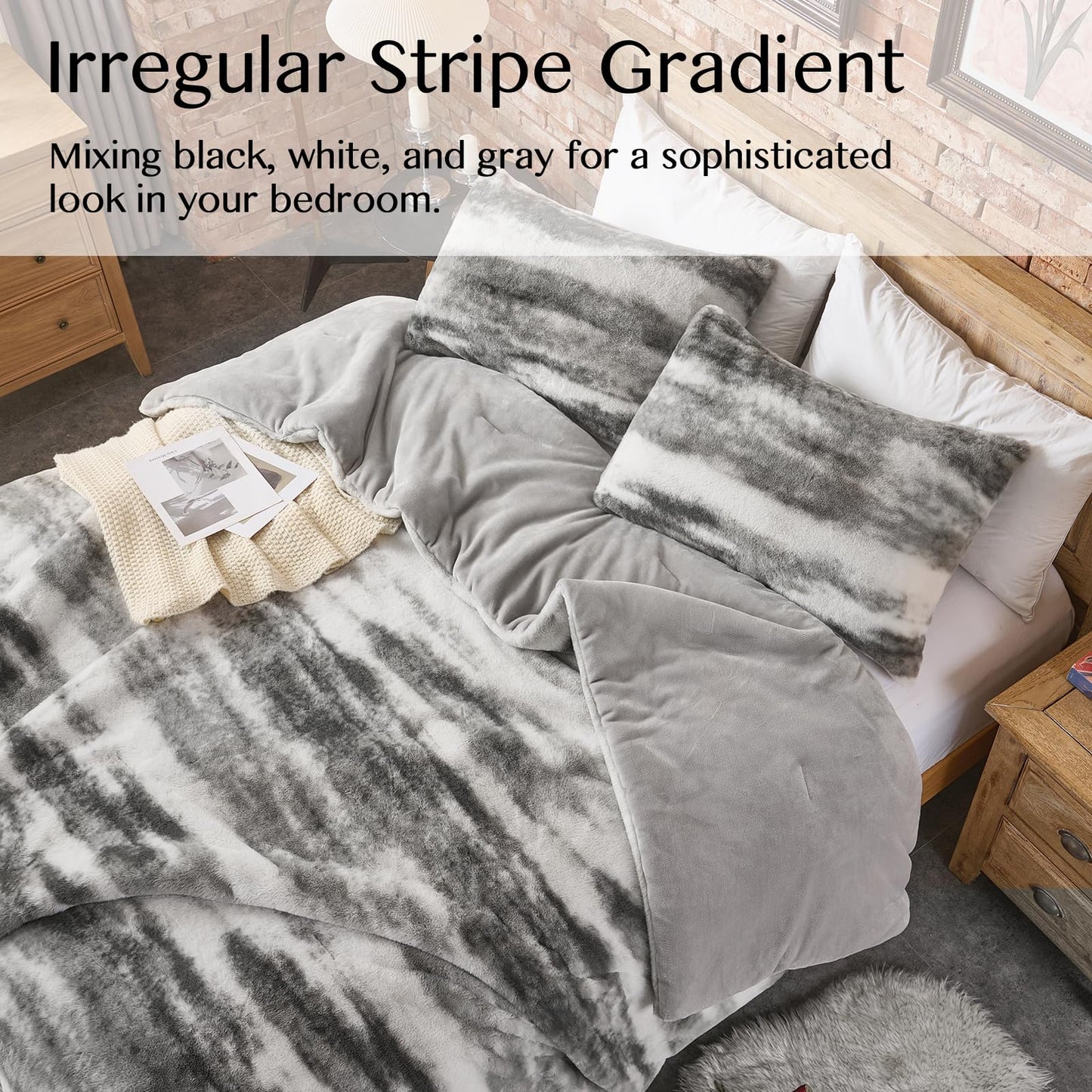 Lotus Karen Queen Comforter Set - Fluffy Black and White Faux Fur Bed Comforter Queen - Lightweight Warm Fuzzy Watercolor Faux Rabbit Fur Bedding Sets 3 Pieces(1 Comforter and 2 Pillowcases)