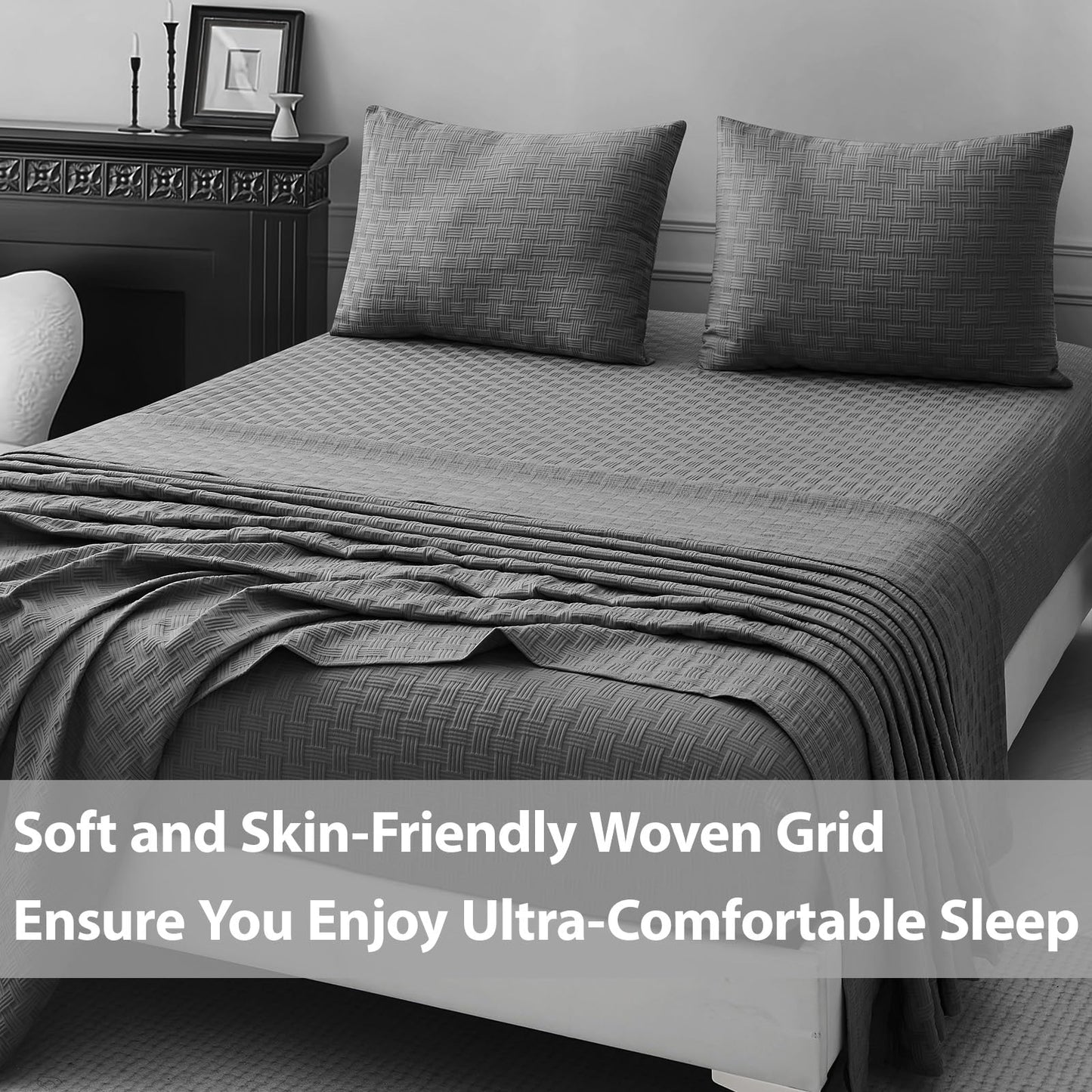Seavelson Woven Grid Soft King Size Sheet Set - Comfortable & Breathable 4 Piece Bed Sheets with 1 Fitted Sheet,1 Flat Sheet & 2 Pillowcases - Deep Pocket Up to 18 Inches (Dark Grey)