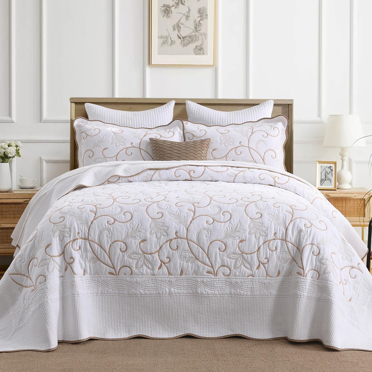 FineStichery 100% Cotton Oversized Bedspread Quilt Coverlet Set, 128"x120" Extra Large Cal King Bedspreads with Pillow Shams, Lightweight Embroidered Bedding Cover 3 Piece, White/Beige