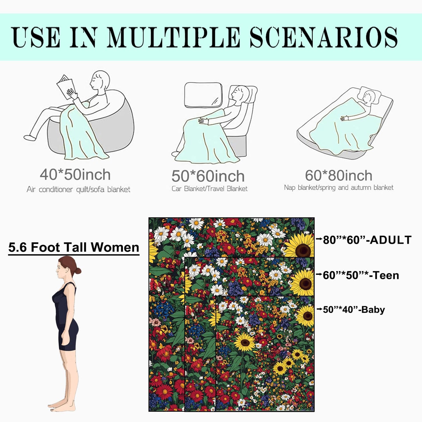coedoaes Wildflower and Sunflower Fleece Blanket - 50x60in Lush Garden Floral Flower Nature Throw Blankets,Soft Cozy Lightweight, Ideal for Living Room Home Decor and Kids Women Girls Spring Gifts