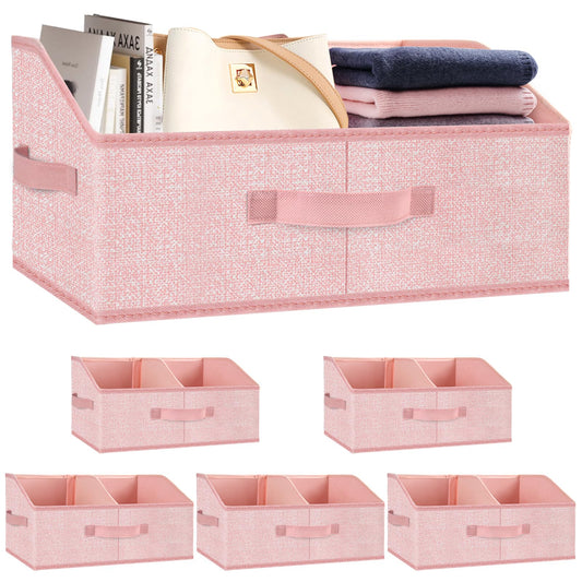 Wrrlors Fabric Wardrobe Storage Bins -6 Pack， Large Pink Foldable With Handles And Dividers Trapezoidal Wardrobe Storage Boxes, Suitable For Storing Clothes, Books, Wallets, Toys, Etc.