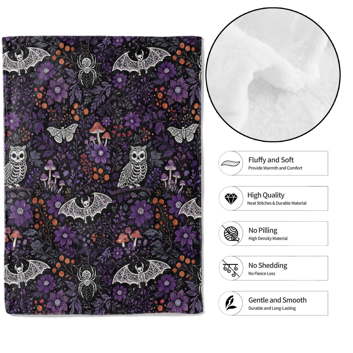 MIEPOS Gothic Purple Floral Bat Blanket Soft Lightweight, Dark Botanical Style Flannel Throw Blankets for Couch Sofa Camping Office Travel Home Bedroom Decor, Kids Women Gifts 60"X50"