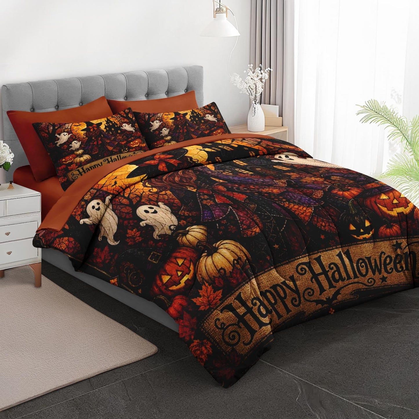 Boewywh Comforter Set Twin Size Halloween Witch Ghost 7 Pcs, Bedding for Kids and Adults, Bed Sheet Sets with Fitted Sheet 2 Pillowcases & 2 Shams for Bedroom Bed Decor