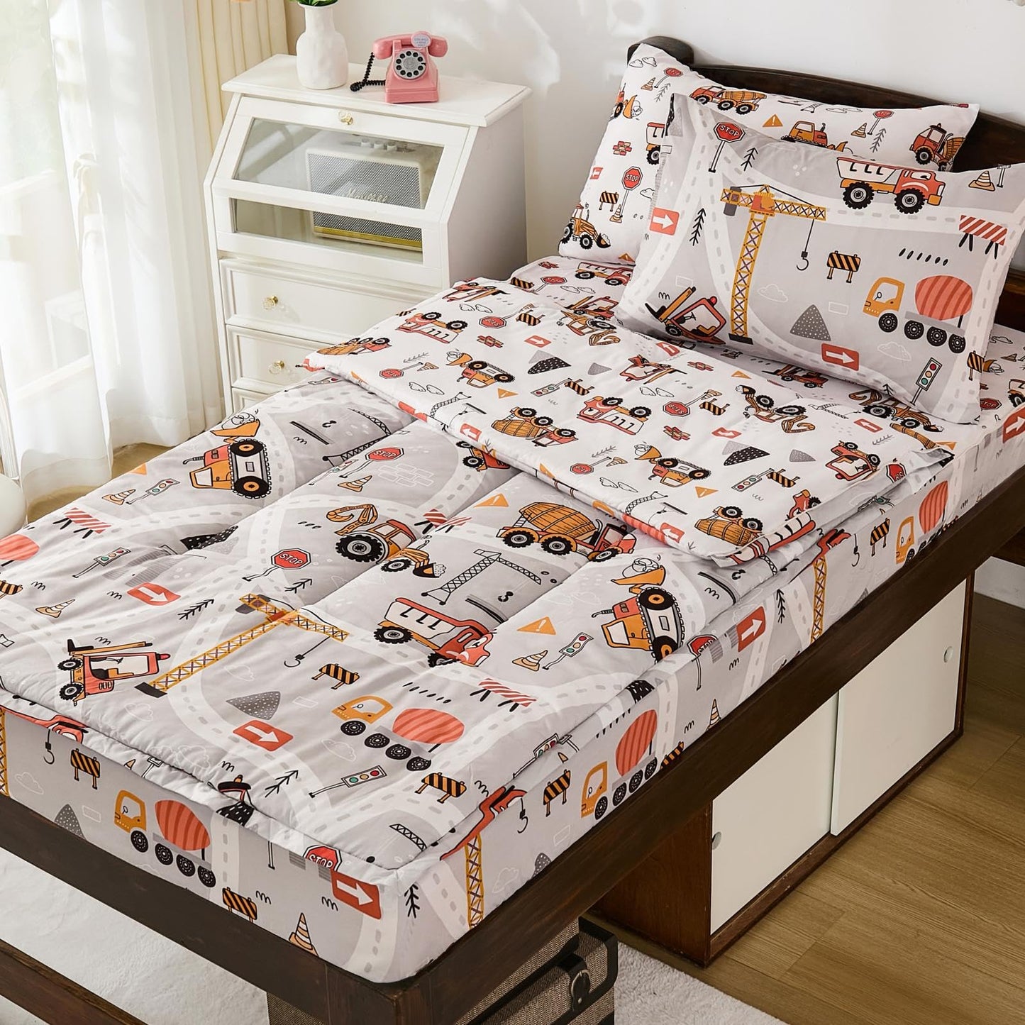 DJY Zipper Bedding Set Twin, Cars Bedding Sets for Boys, Kids Construction Comforter Set with Fitted Sheet Pillowcases, All in One Zipper Bed Set for All Seasons