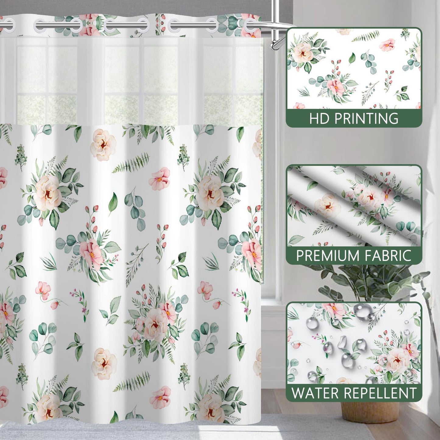 NAEMBCU No Hook Shower Curtain with Snap in Liner 71x74 Inch