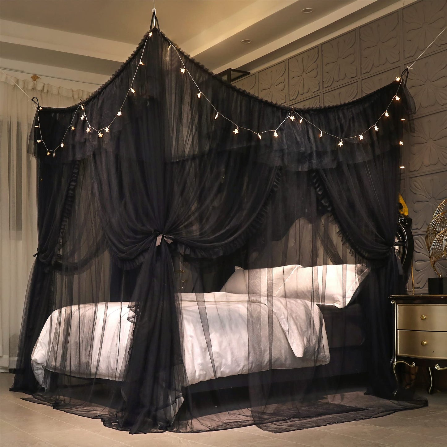 VETHIN 4 Corners Post Ruffle Princess Bed Canopy Curtain-Double Layer Cozy Drape Netting 4 Opening Mosquito Net for Girls Adults Bedroom Decoration (Double-Black,64" W*82" L*82"*H/Queen)