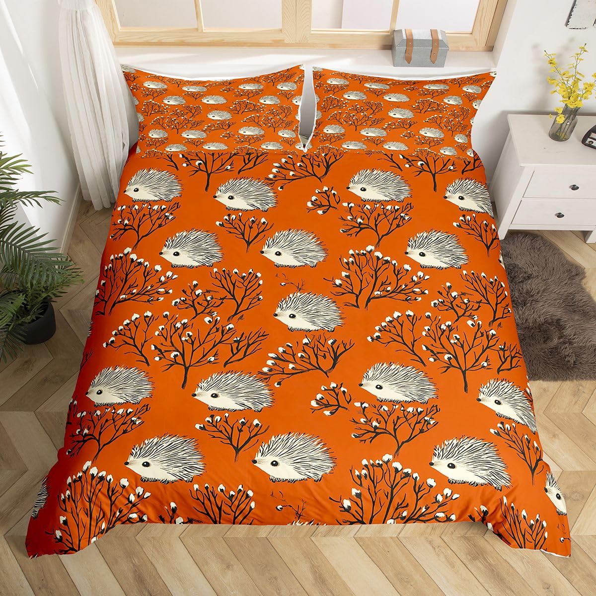 Erosebridal Kawaii Hedgehog Comforter Cover Twin Cartoon Wildlife Duvet Cover for Kids Teens Hedgehog Lovers Botanical Bedding Set Cartoon Cute Kawaii Animal Bed Set