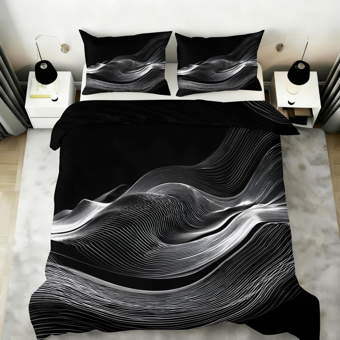 ZAOMIR Black White Duvet Cover Queen Size, Psychedelic White Wavy Stripes Bedding Set 3 Piece, Modern Abstract Geometric Line Patterned Comforter Cover with Zipper Soft Microfiber, 2 Pillowcases