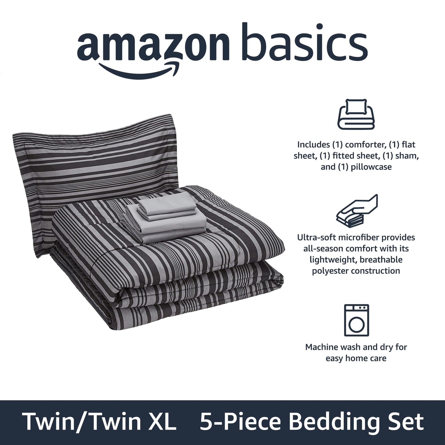 Amazon Basics 5-Piece Lightweight Microfiber Comforter Set with Sheets, Bed-in-a-Bag, Gray Calvin Striped Bedding, Twin/Twin XL