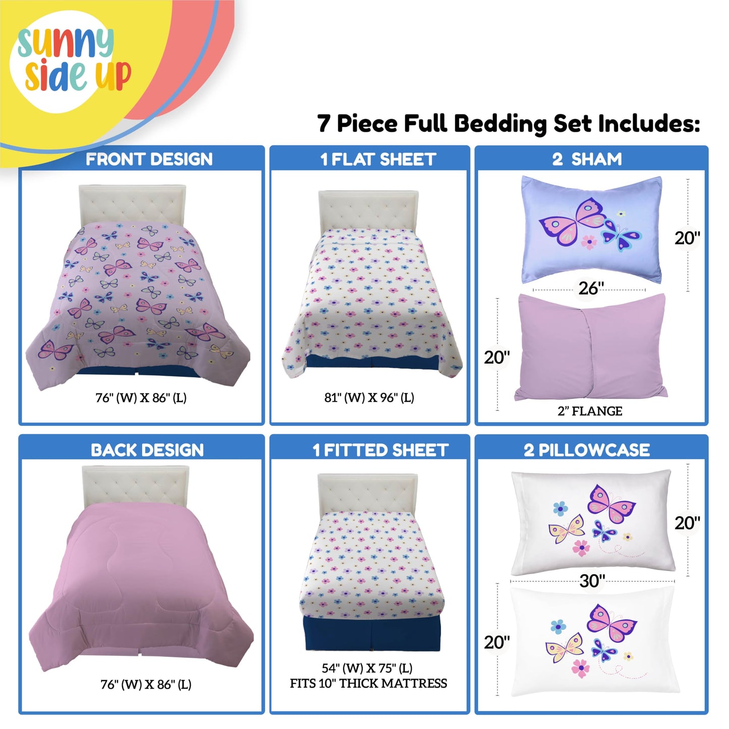 Sunny Side Up Butterfly Full Comforter Set - 7 Piece Kids Bedding Includes Comforter, Sheets & Pillow Cover - Super Soft Purple Floral Microfiber Bed Set