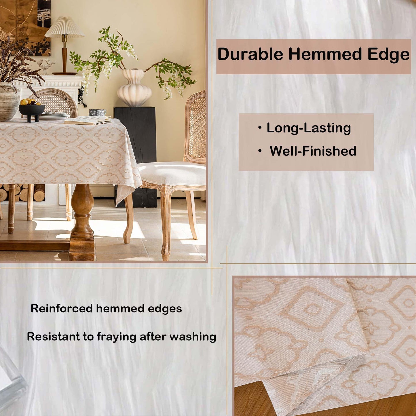 Qubjus Elegant Embossed Jacquard Square Tablecloth with Faux Linen Texture Durable Hemmed Edge Table Cloth Decorative Table Cover for Dining and Party (55''x55'', Begonia Beige)