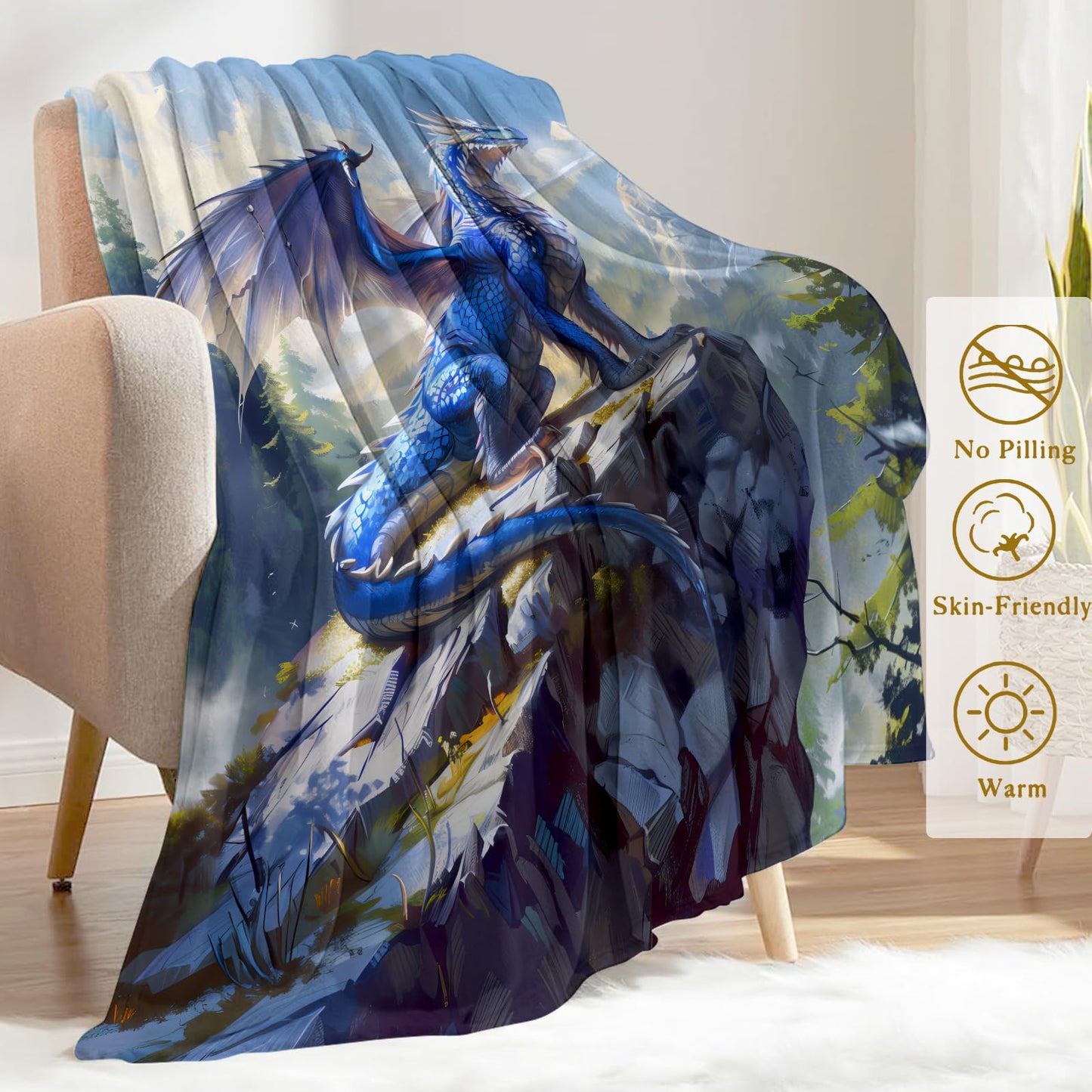 ainori Blue Dragon Flannel Blanket - Majestic Overlooking Mountain Throw,Playful Gifts for Adult & Fantasy Lovers, Ultra Soft & Warm,Lightweight, for Couch Bedroom Living Room Modern Decor 50x60in