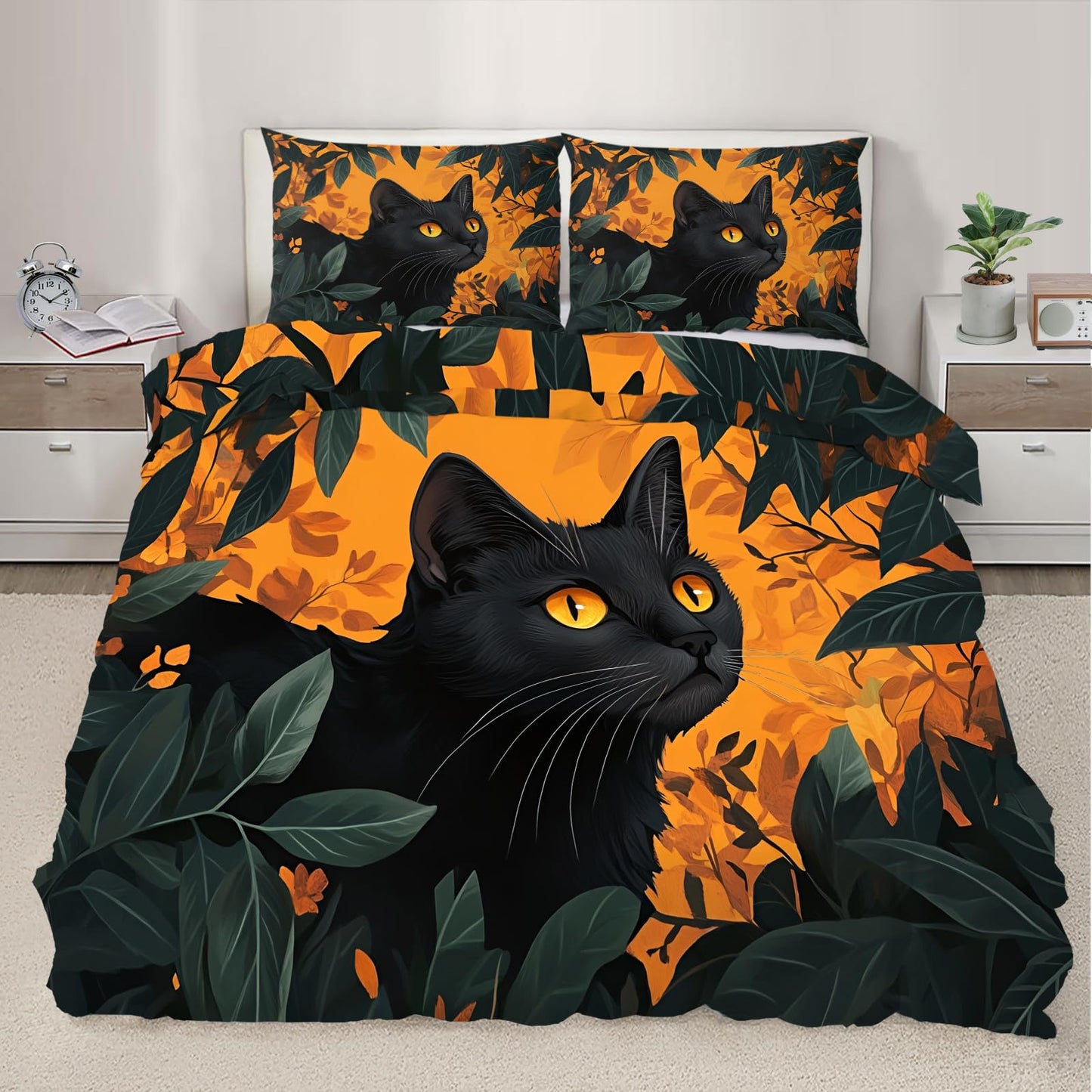 PAISUOQ Black Cat Print Duvet Cover Full, Green Leaves Bedding, Cartoon Kids Comforter Cover with 2 Pillow Cases, 3 Pieces with Zipper & Ties, Bedroom Decor & Gifts