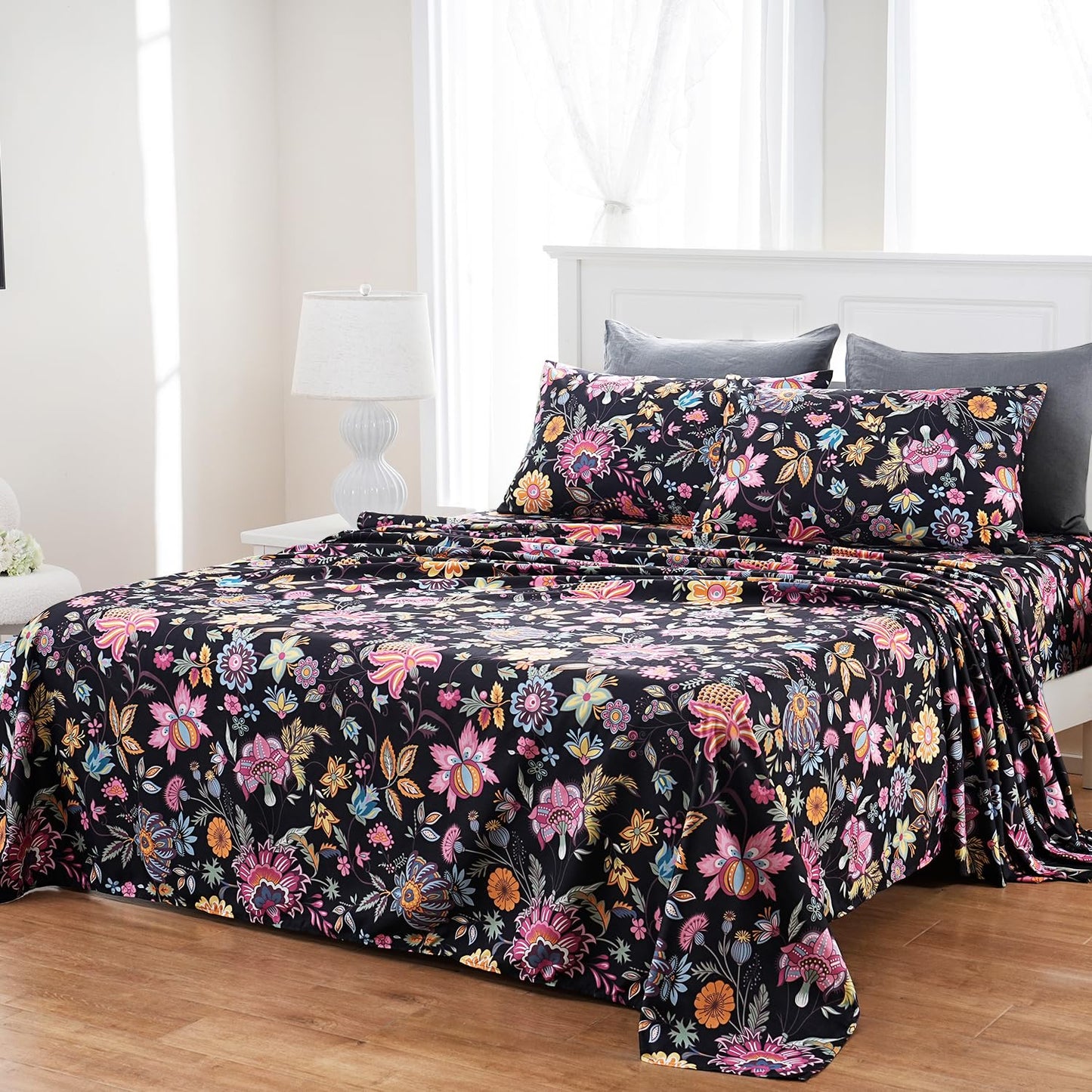 MEISHANG Queen Sheet Set - Ultra Soft Floral Sheets Brushed Microfiber,1800 Thread Count Floral Bed Sheets Oeko-Tex Certificated - Black Yellow