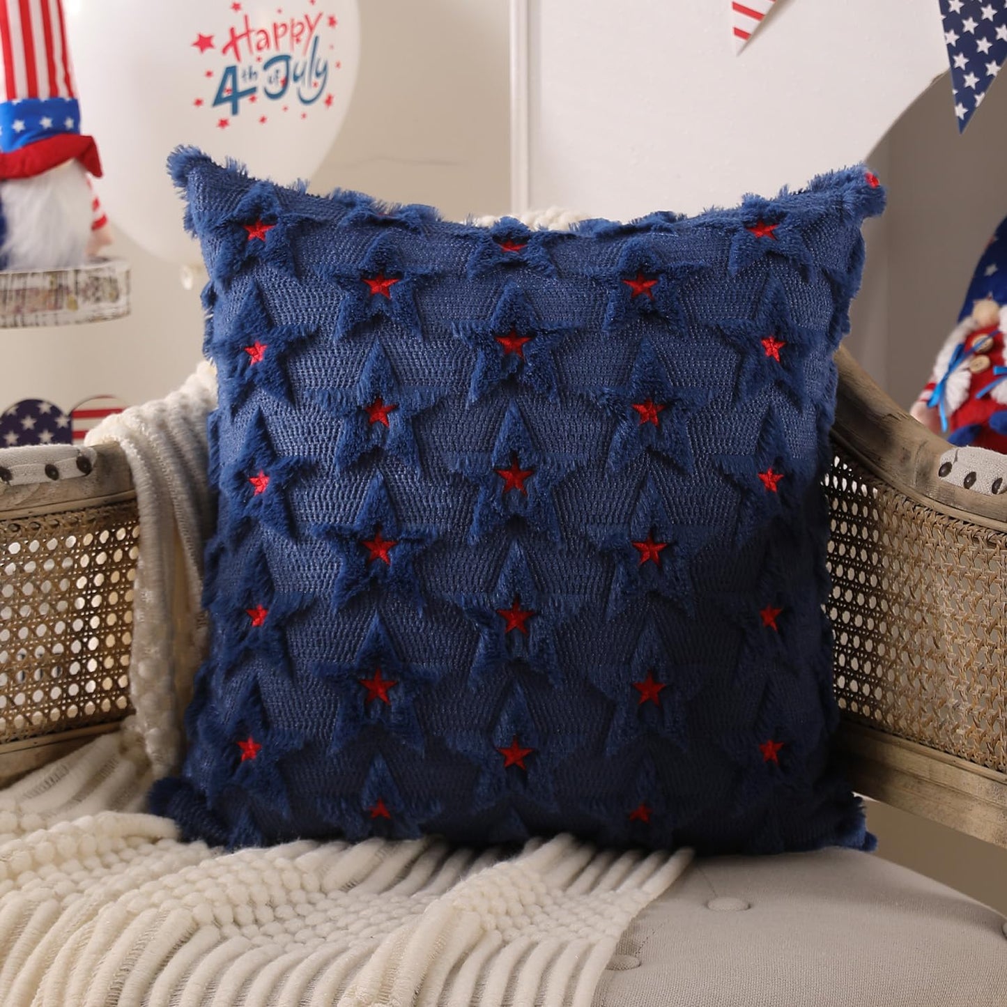 DFXSZ 4th of July Pillow Covers 18x18 inch Set of 2 4th of July Decor Red Embroidery Star Decoration Soft Plush Faux Fur Jacquard Throw Pillows Independence Day Decorations for Home Sofa PTK027A18