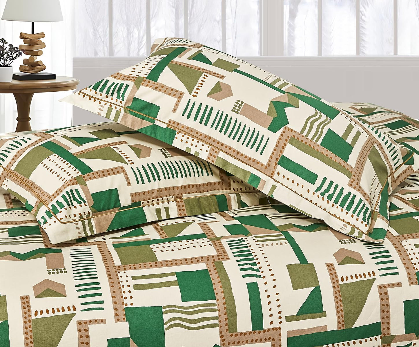 SLEEPBELLA Comforter King Size, 600 Thread Count Cotton White Printed with Green & Brown Geometric Comforter Set, Down Alternative Bedding Set 3Pcs(King, Green Geometric)