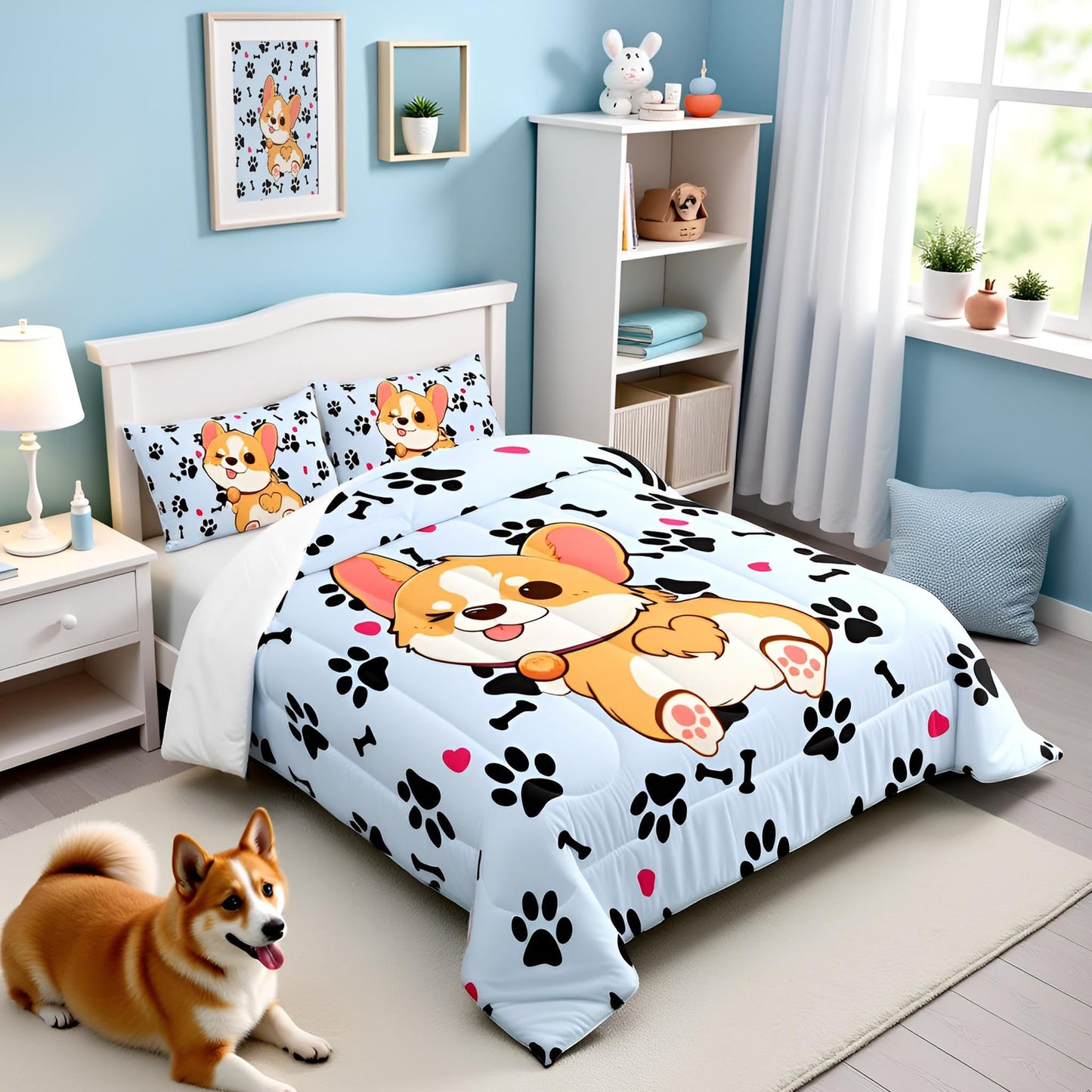 Castle Fairy Cute Corgi Comforter Set Twin Size,Cartoon Dog Footprint Bones Bedding 2pcs for Kids Boys Girls Room Decor,Smiling Doggy Quilt Family Paw Duvet Insert with 1 Pillowcase,Blue