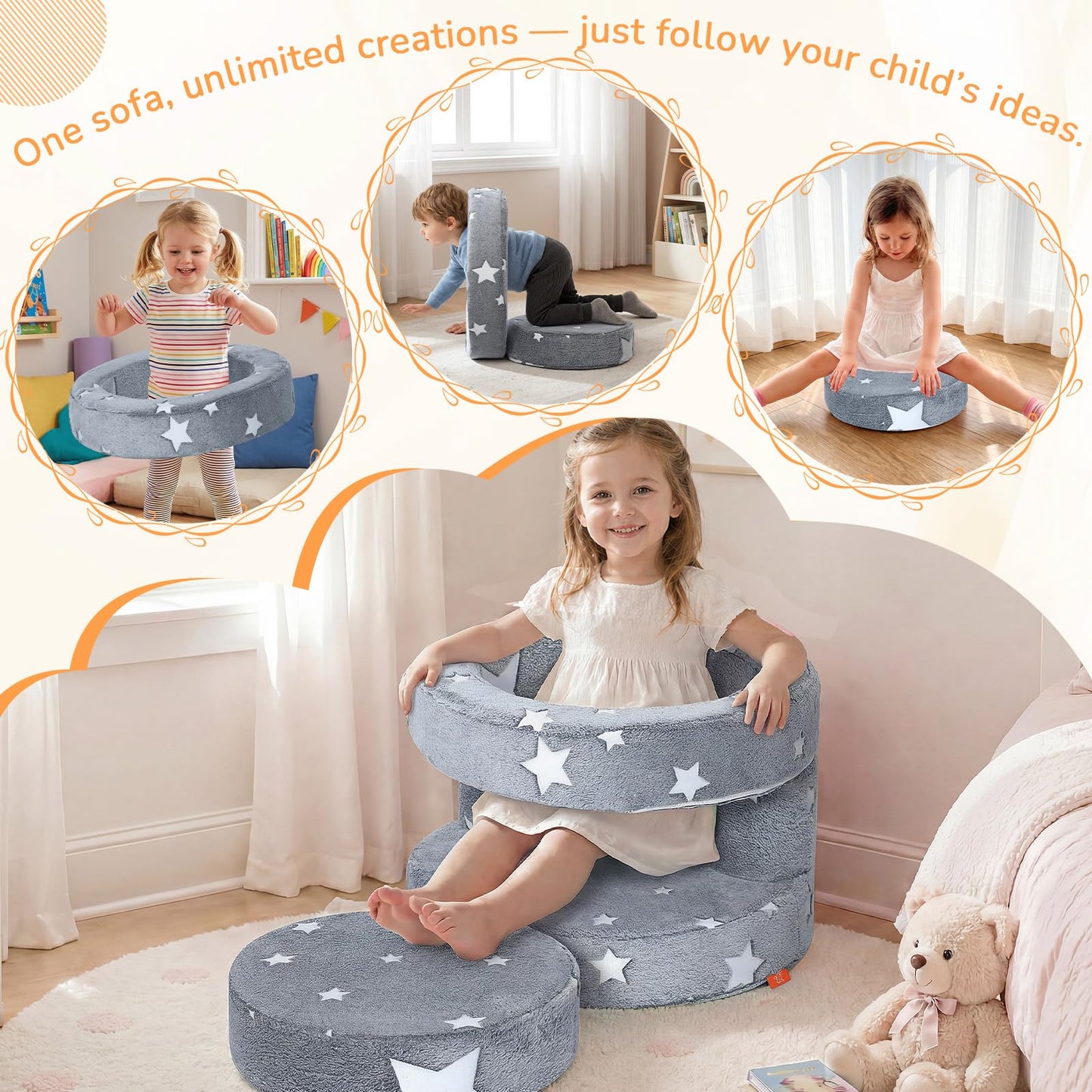 MeMoreCool Star Kids Chair, Flip-Open Kids Couch, Glow Print, Grey