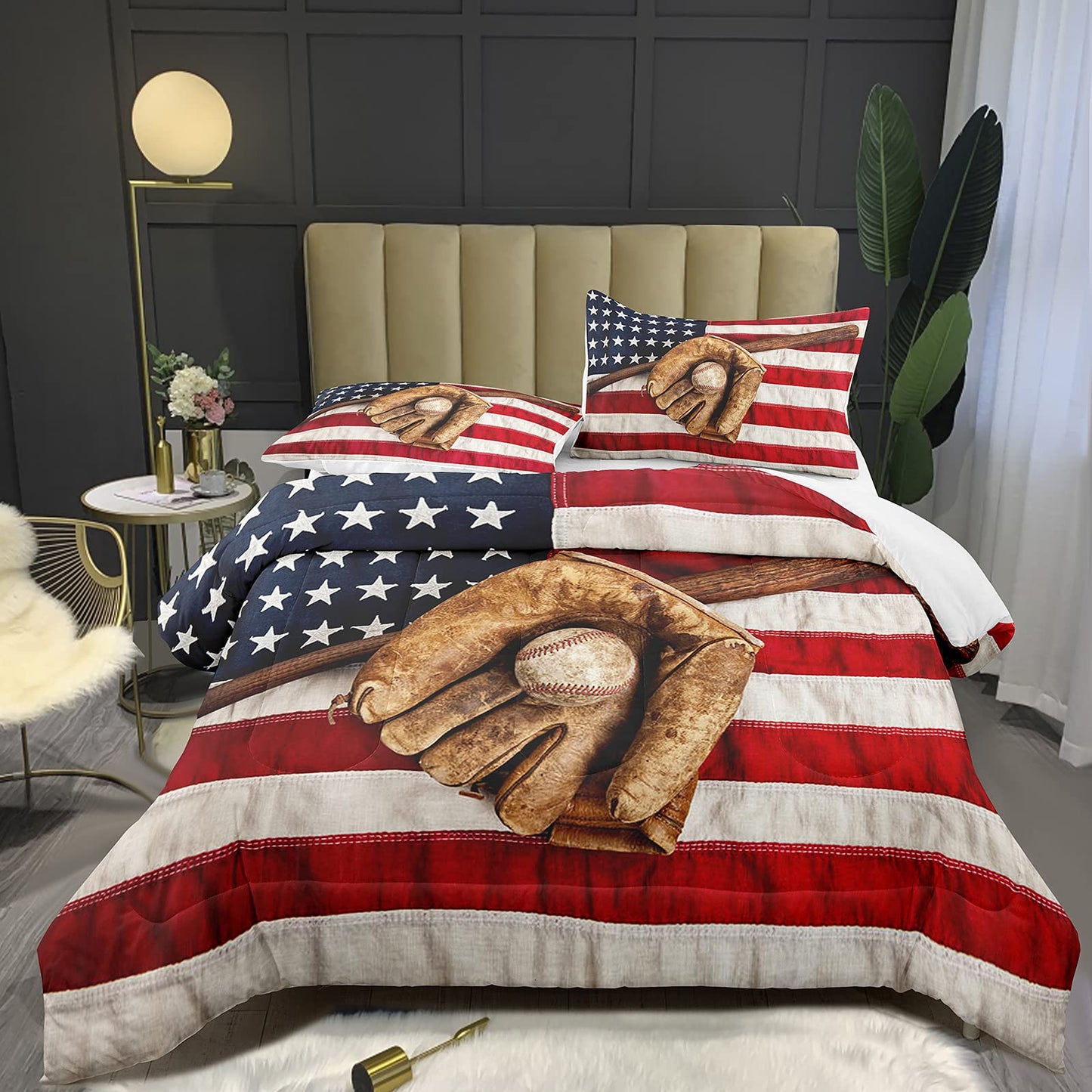 Bodhi Boys Sports Bedding Set - Queen Size, Baseball & American Flag Comforter Set with Pillowcases