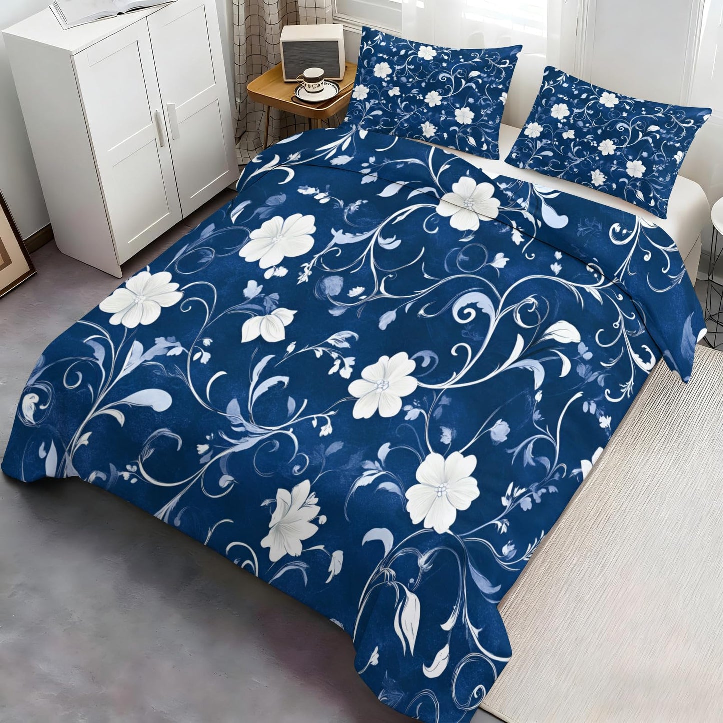 ZAMODE Floral Duvet Cover Oversized King Size, Navy Blue Comforter Cover 120" x 98", Boho Flower Bedding Set with 2 Pillowcases