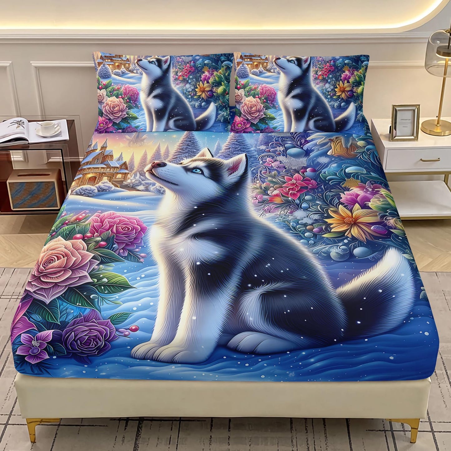 AILONEN Cute Husky Dog Twin Size Fitted Sheet Set - Kawaii Puppy Animal Bedding Bet for Kids Boys Girls - Floral Snow Bed Sheet + 2 Pillowcases - 3Pcs