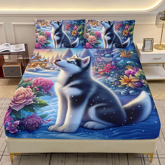 AILONEN Cute Husky Dog Twin Size Fitted Sheet Set - Kawaii Puppy Animal Bedding Bet for Kids Boys Girls - Floral Snow Bed Sheet + 2 Pillowcases - 3Pcs