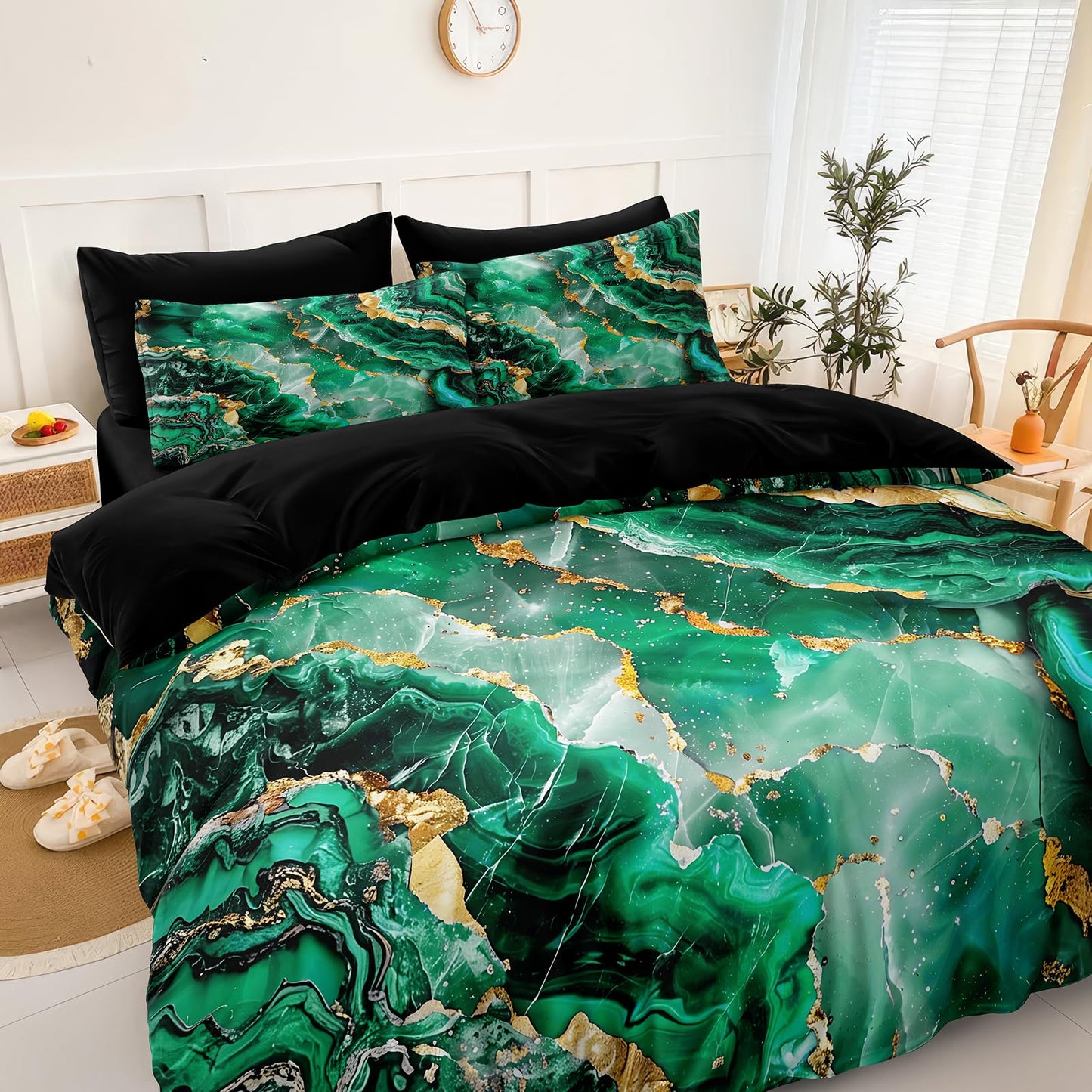 Bedbay Black Gold Comforter Set King Size Green Gold Marble Comforter 8 Pcs Emerald Green King Bed in a Bag Marble Bedding Set 1 Comforter 4 Pillowcases 1 Flat Sheet 1 Fitted Sheet 1 Cushion Cover