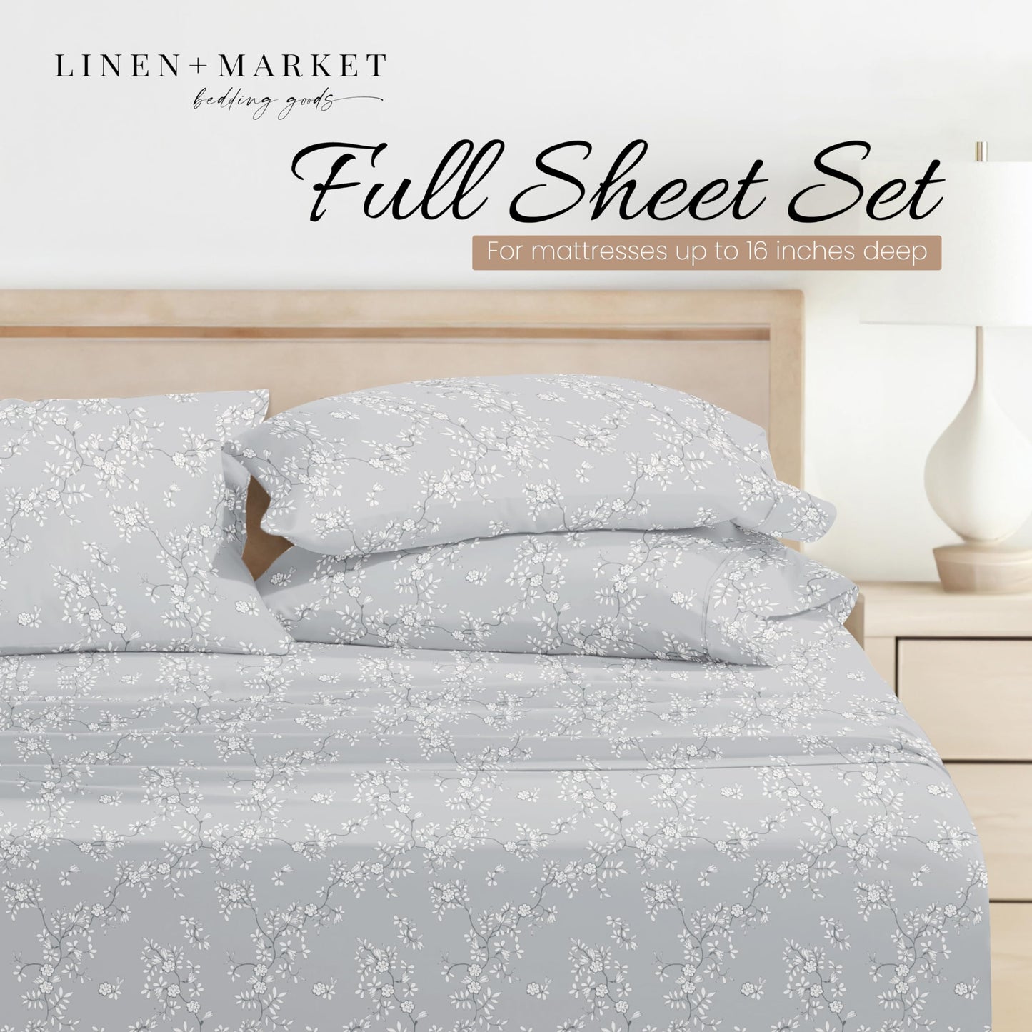 Linen Market Double-Brushed Patterned Microfiber Full Sheet Set 4 Piece – Oeko-TEX Certified Ultra Soft & Wrinkle-Free - 16" Deep Pocket Sheets - Easy Care Full Size - Trellis Vine Light Gray