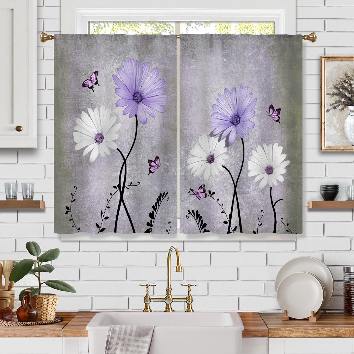 Cizuug Purple Daisy Rustic Farmhouse Kitchen Curtains Watercolor Floral Flower Small Short Cafe Window Curtains Butterfly Country Bathroom Drapes Treatment Tier Curtains 2 Panels