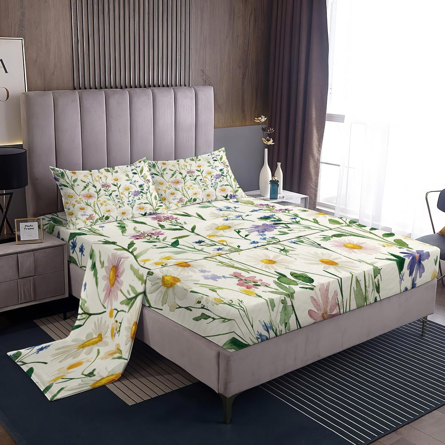 NOGAWA Botanical Floral Sheets Queen Size, Flower Bed Sheets, Green Leaf Bedding Sheets, Pillowcases 4 Piece Set, Microfiber Deep Pocket Fitted Sheet, Flat Sheet, 2 Pillow Cases