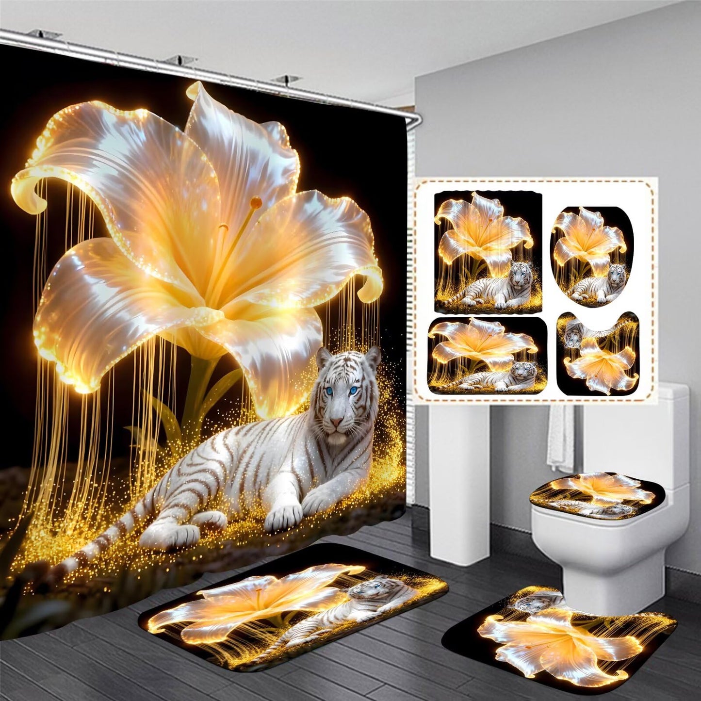 4 Piece Black and Gold Shower Curtain Set with Rugs, Majestic White Tiger & Glowing Golden Lily Floral Art, Luxury Waterproof Fabric Bathroom Decor, Non-Slip Bath Mats & Toilet Lid Cover