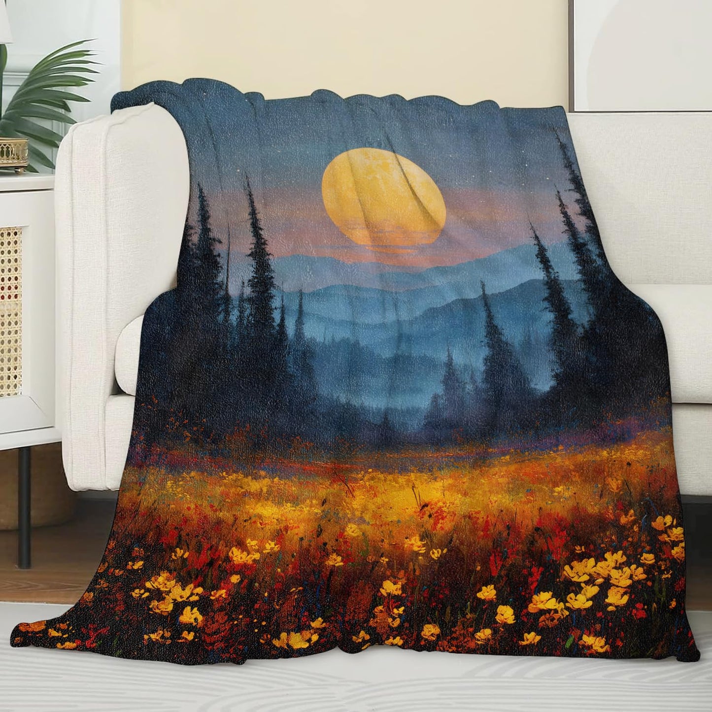 Zeleda Moon Blanket, Gifts for Nature and Forest Lovers, Lightweight Flannel Throw Blankets, Wildflower Field and Golden Full Moon Artistic Throws Home Decor, for Couch Living Room Office, 60x50inch