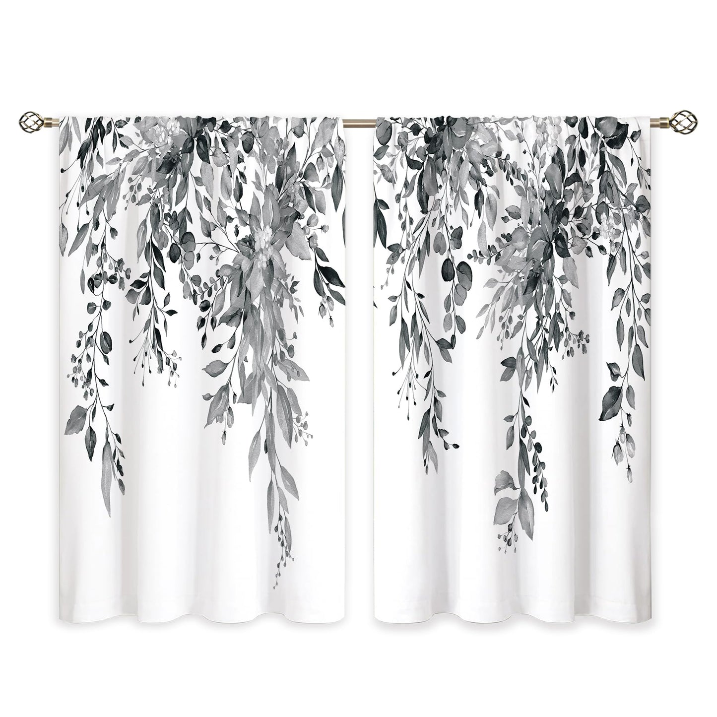 oolygoo Eucalyptus Botanical Leaves Grey Floral Kitchen Window Curtains Over Sink Farmhouse Flower Leaf Small Window Treatment Cafe Short Curtains for Bathroom Treatment Tier Drapes 27.5x39 inch