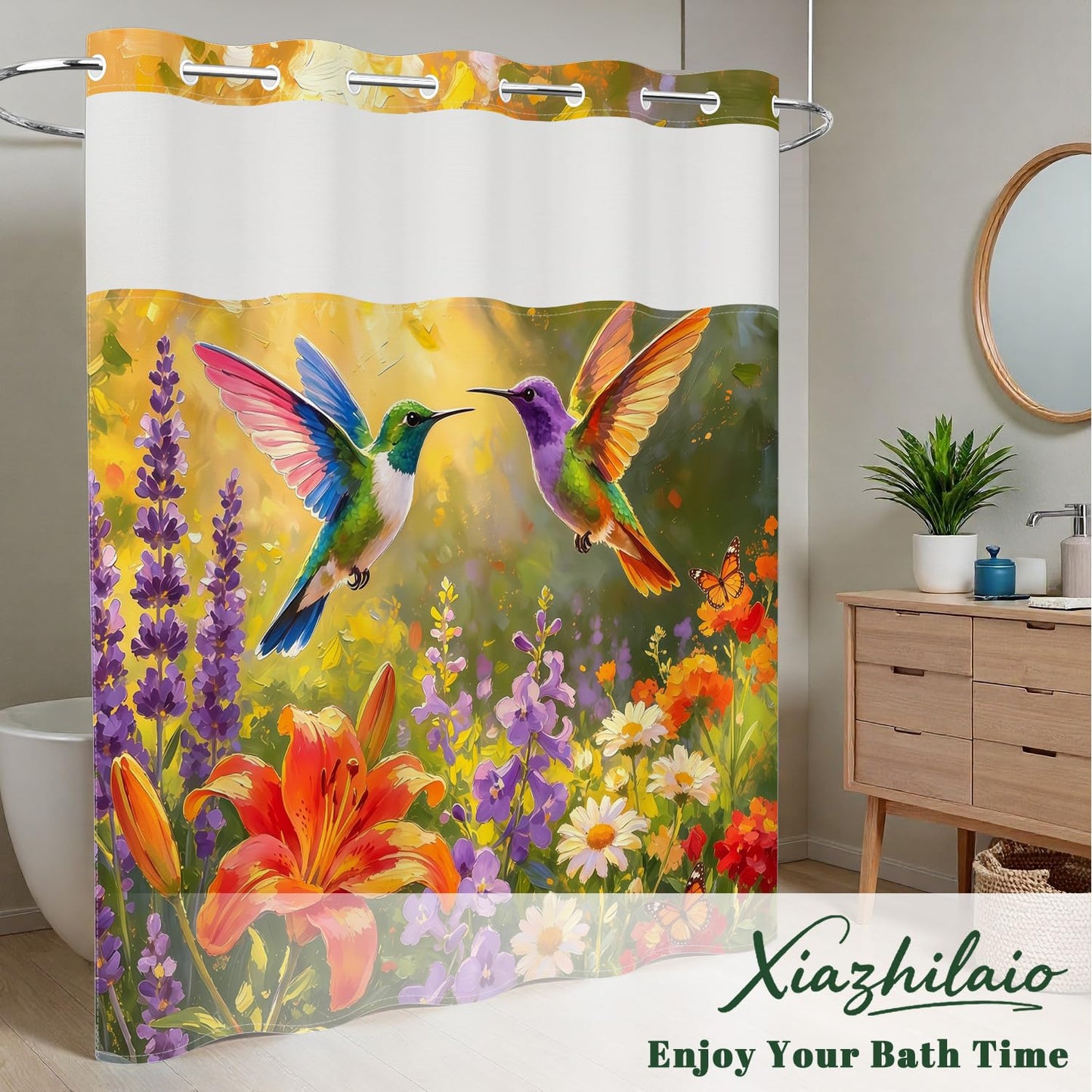 Xiazhilaio Hummingbird & Floral Shower Curtain Snap in Liner, 71x74 Inch