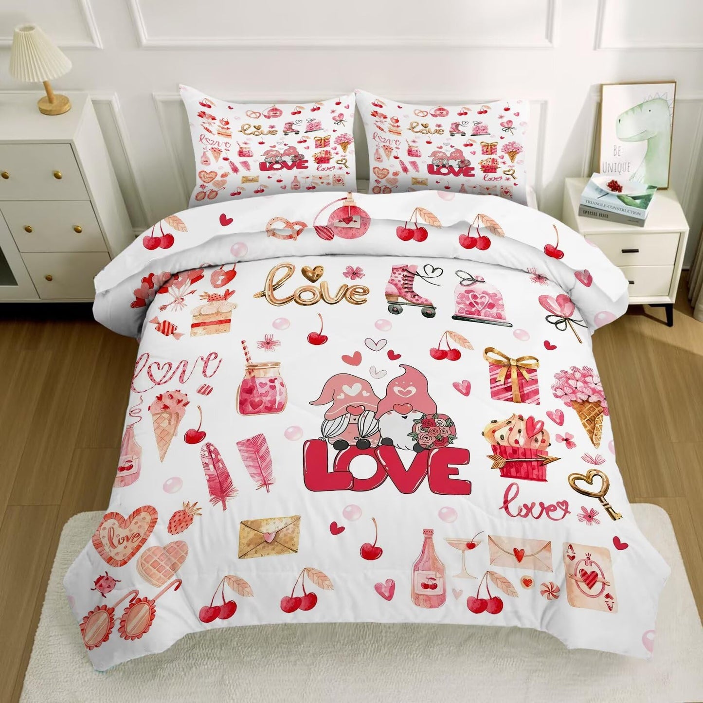kxry Lightweight Love Comforter Sets Valentines Day Romantic King Size Bedding Set 3 Pcs with 1 Comforter and 2 Pillowcases Soft Kawaii Cartoon Comforter Heart Soft Warm Quilt