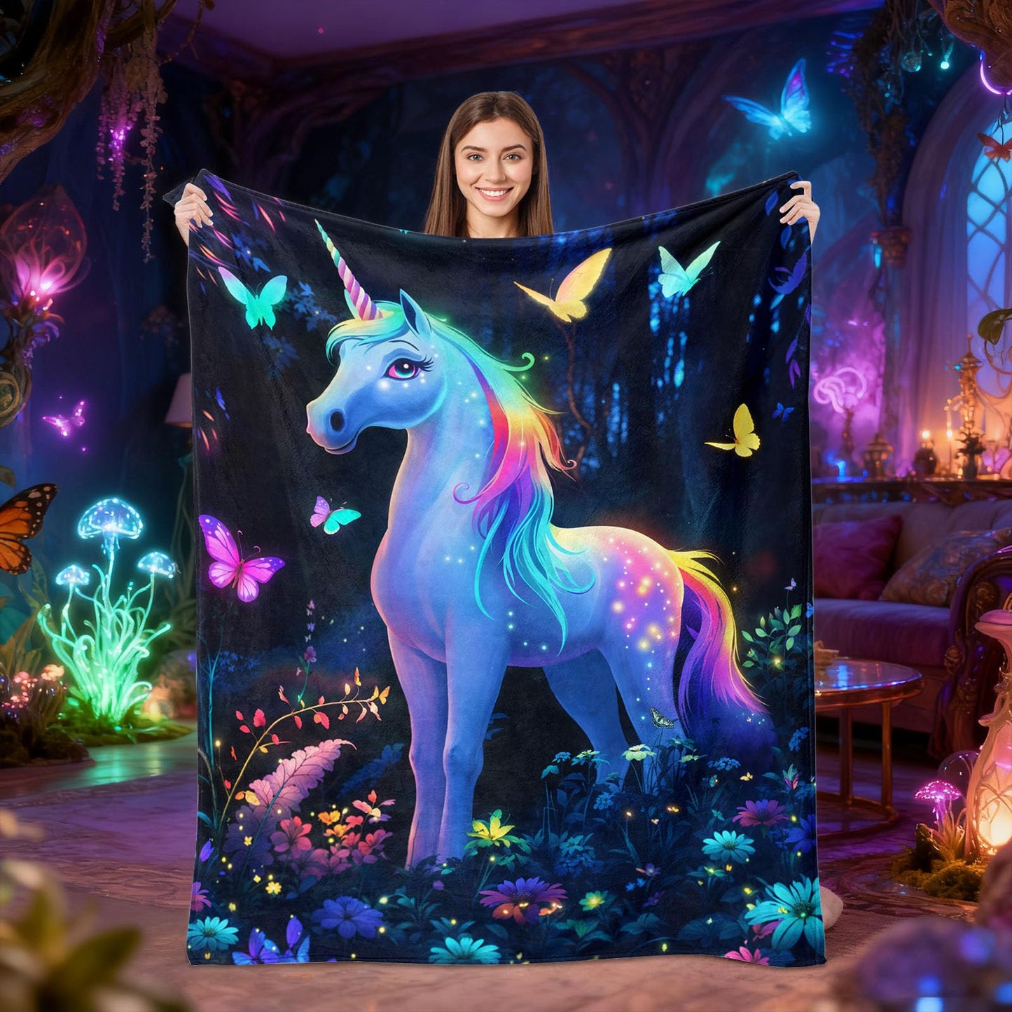 kampdream Unicorn Flannel Blanket, Enchanted Forest Dream with Rainbow Mane and Tail Butterfly Surrounded Super Soft and Warm for Couch Sofa Living Room Ideal Gift for Girls Teens 50×60 inch