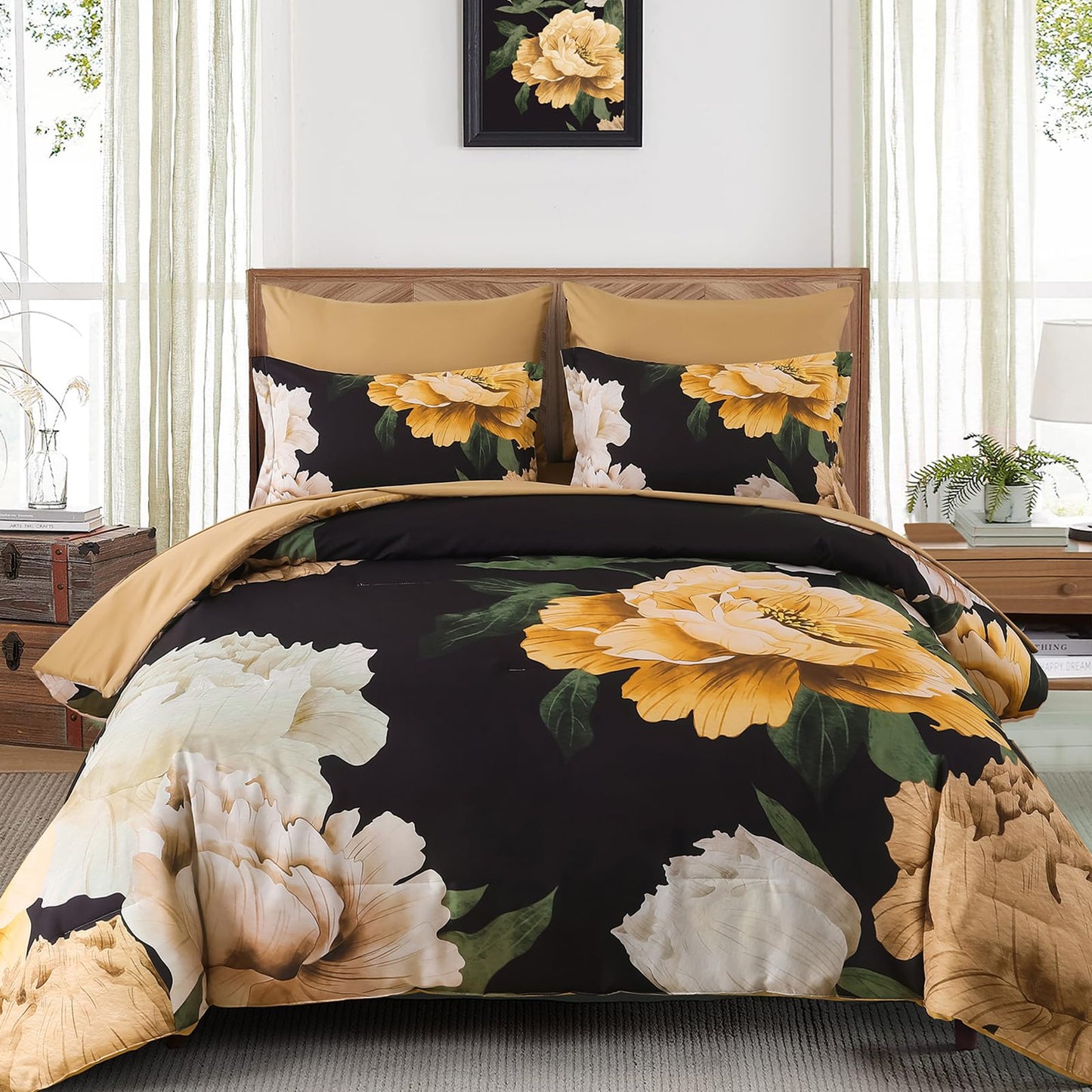 Dobuyly Black Floral Comforter Set Queen 7 Piece Bed in a Bag, Yellow Brown Flower Printed on Black Comforter Set with Sheets, Soft Microfiber Botanical Boho Bedding Set for All Season