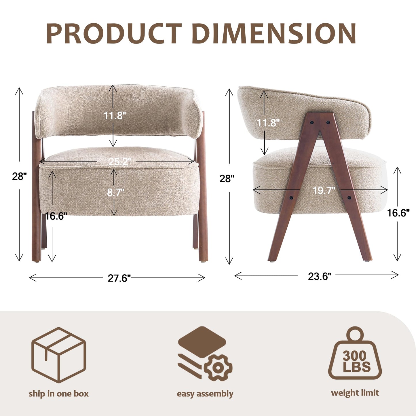 Rowill Boucle Accent Chair Set of 2, Round Upholstered Arm Barrel Chairs with Curved Backrest, Solid Wood Legs, Thick Cushion, for Living Room, Reading Nooks, Sunroom, Balcony, Bedroom, Brown