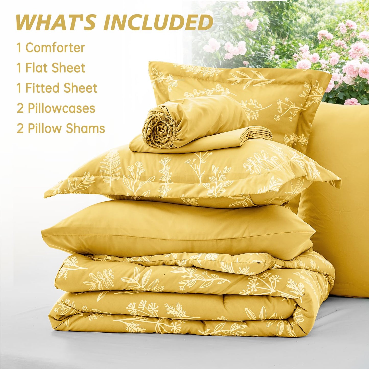 MUXHOMO Bright Yellow Bed in a Bag King 7 Pieces, King Comforter Set Reversible Botanical Flowers Design, Ultra Soft & Breathable Bedding Sets with Comforter, Sheets, Pillowcases & Shams