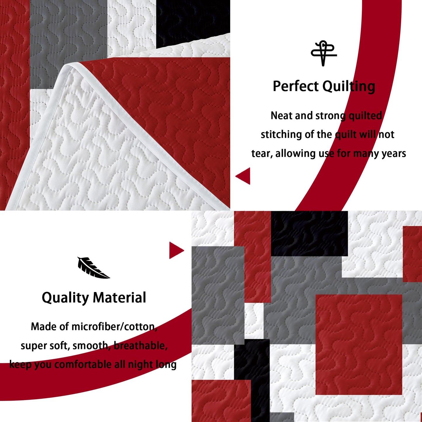 Tyrot 3 Piece Red Black Grey Quilt Set King Size Red and White Geometric Reversible Bedding Set Microfiber Lightweight Bedspread Coverlet with 2 Shams Modern Bed Cover for All Season, 106''x96''