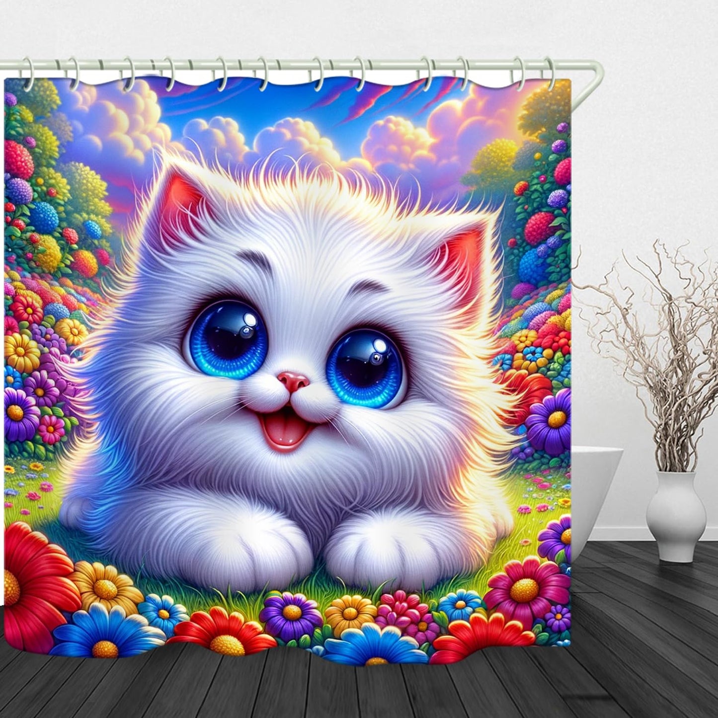 LYFANS Bathroom Using White Cat 3D Shower Curtains, Deluxe Bathtub Standard Shower Curtain, Waterproof and Bright Fabric Shower Curtain Size (72x72 Inches)