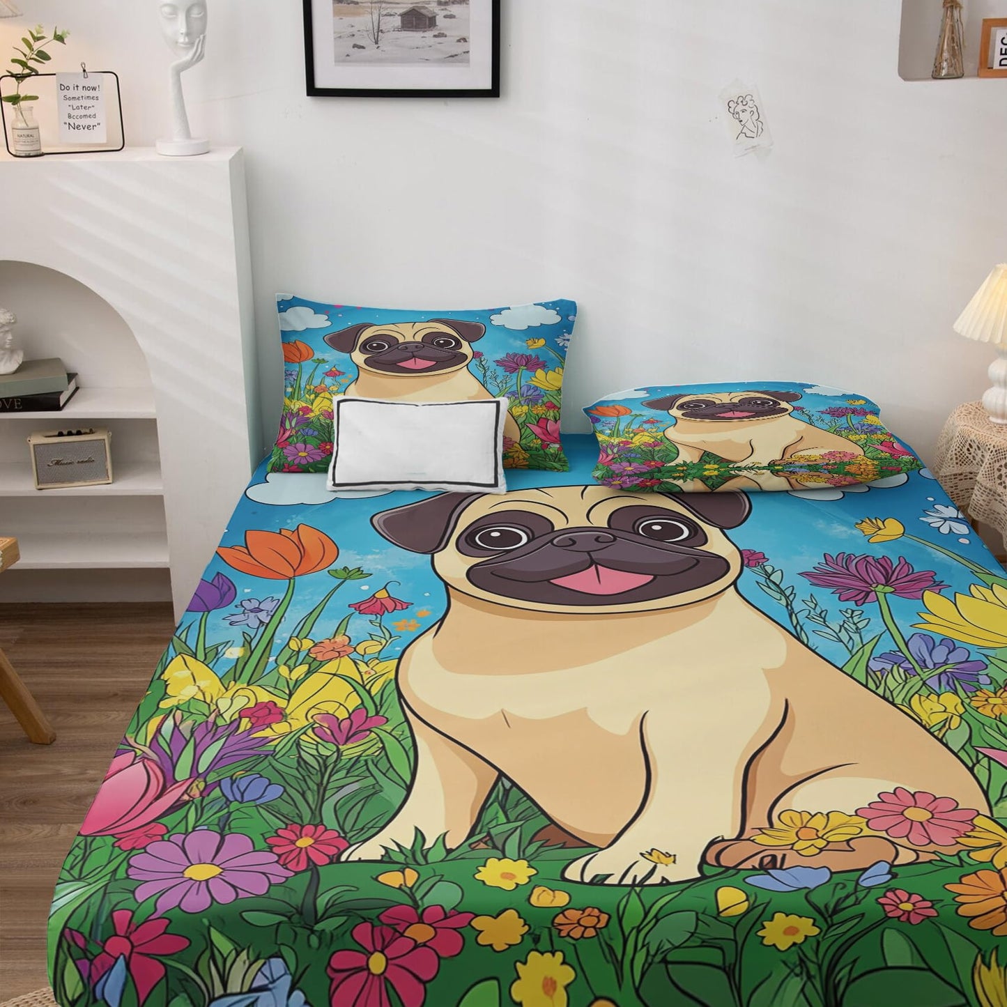 Rejkxyw King Size Sheets Set Cartoon French Bulldog - Puppy Dog Bed Sheets - Kids Boys Girls Sheet Set - 12 Inch Deep Pocket - Ultra Soft Winkle Free Microfiber Bedding Sheets & Pillowcases 4 Piece