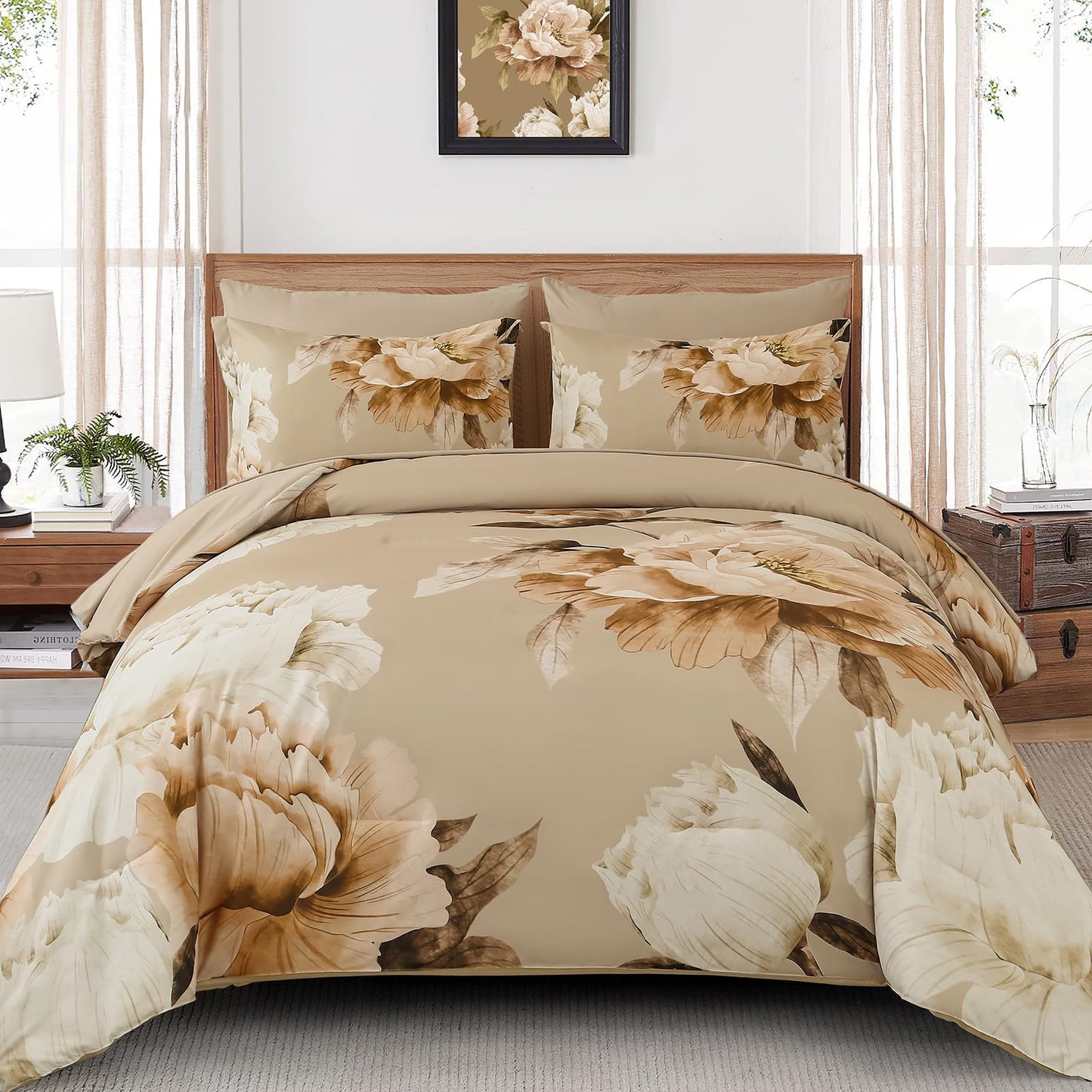 Dobuyly Khaki King Size Comforter Set 7 Piece Bed in a Bag King, Taupe Floral Fall Comforter Set with Sheets, Soft Microfiber Farmhouse Complete Bedding Set for All Season