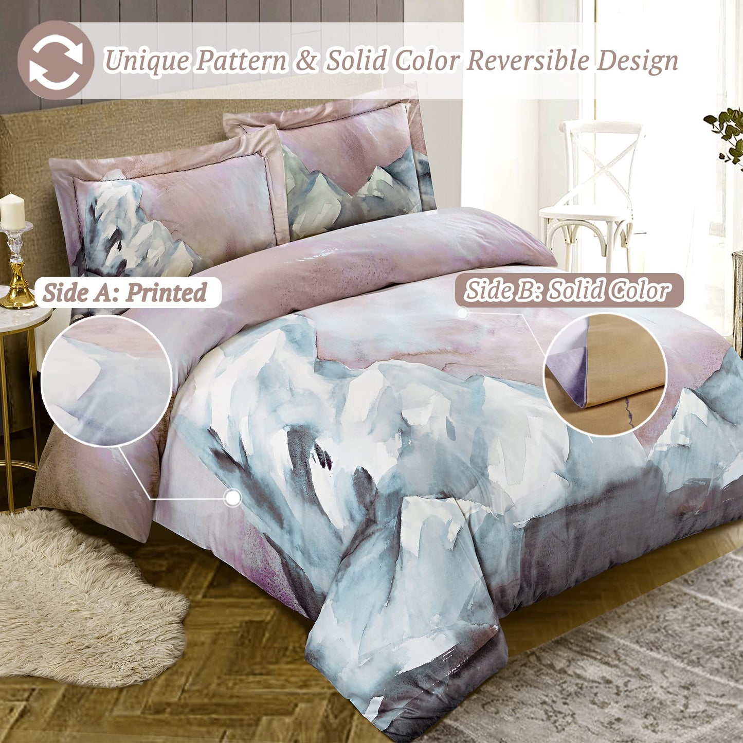 MILDLY 100% Long-Staple Cotton Duvet Cover Queen, Gray Pink Marble Pattern Comforter Cover Set 500TC Watercolor Abstract Reversible Soft & Breathable